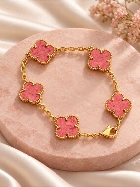 Gold Bracelet with Pink Clover Accents